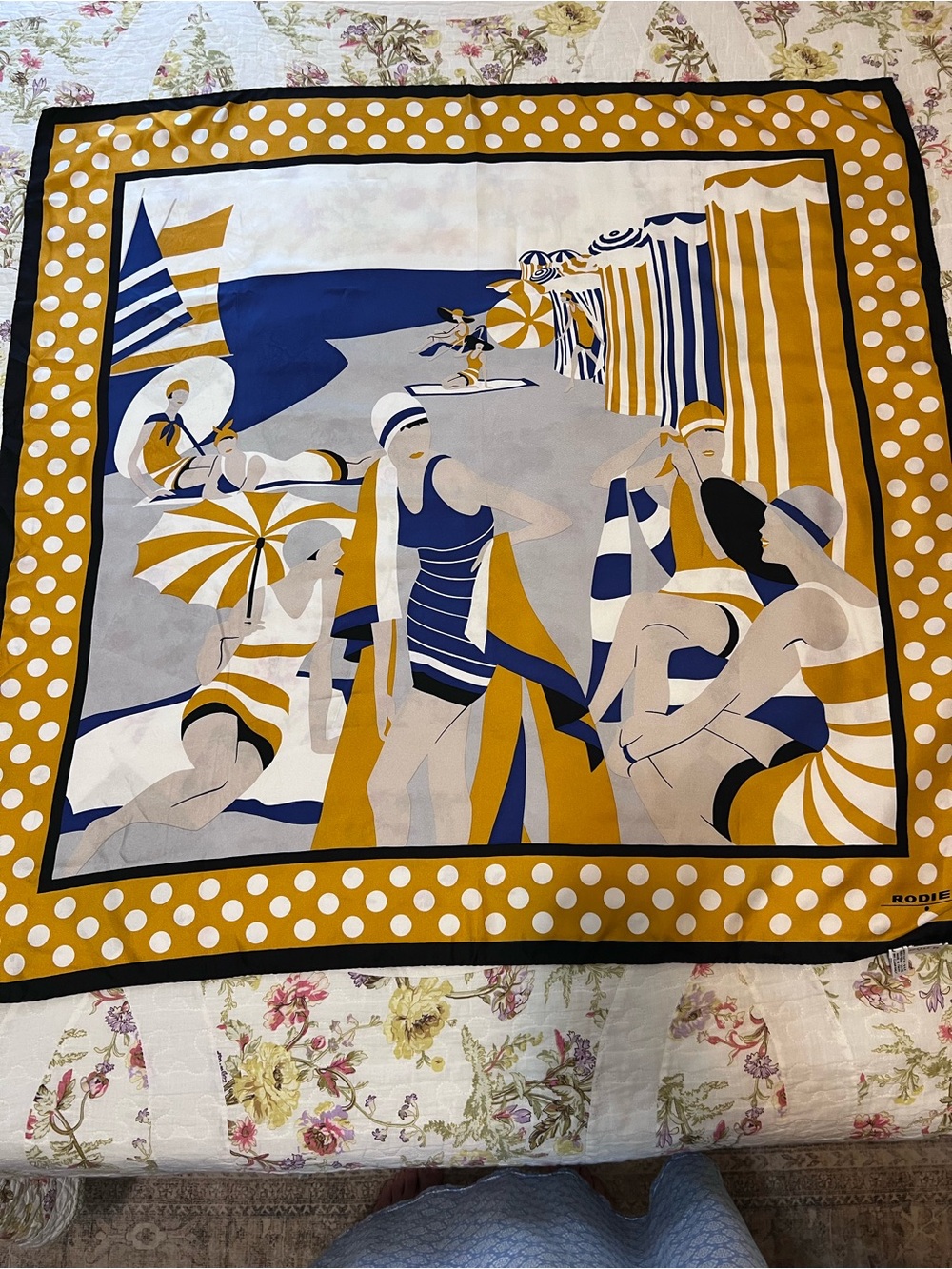Vintage Rodier Paris 100% Silk Scarf Art Deco Beach Scene Yellow Blue Polka Dot